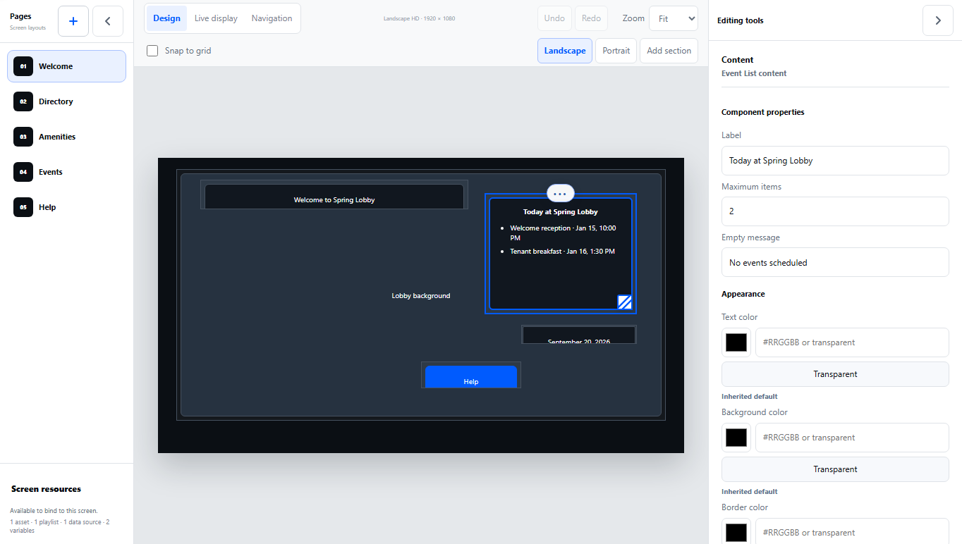 Displayteq editor showing a lobby screen with live information selected for editing.