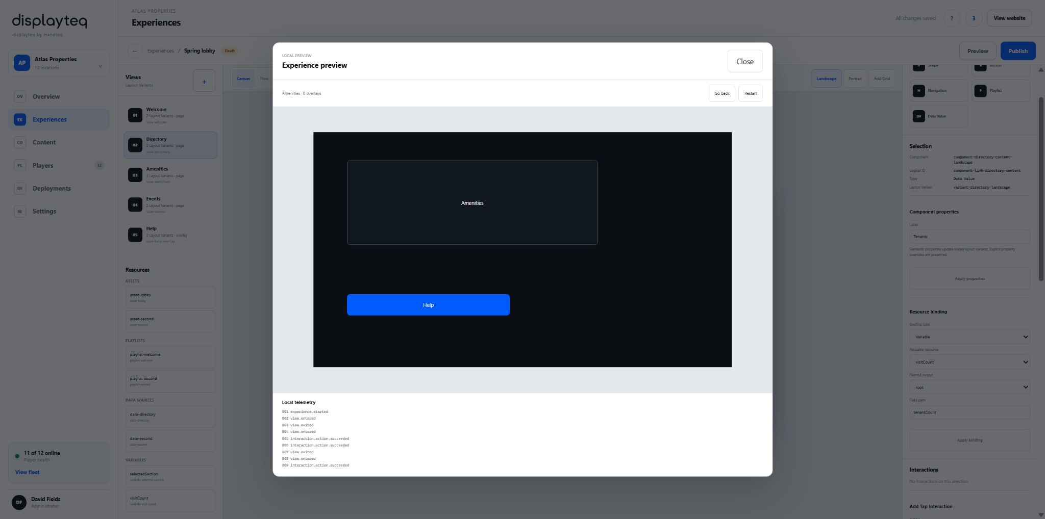 Platform preview showing an interactive display before it is published.