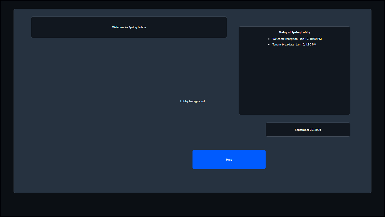 Preview of a lobby screen with a welcome message, events, date, and help action.